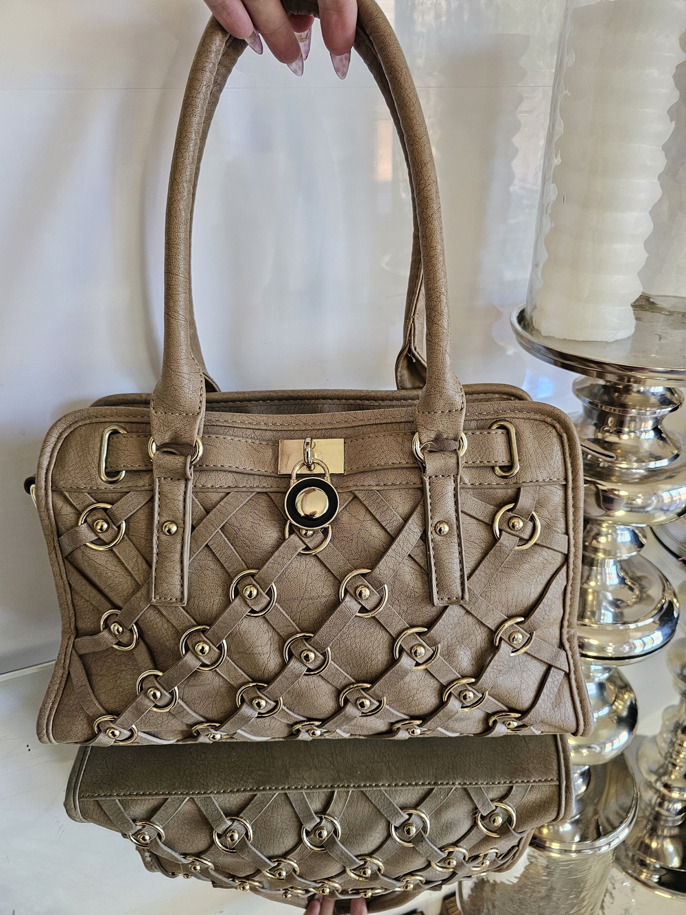 Luxanne Taupe Woven Satchel with Gold Accent Hardware